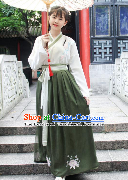 Traditional Chinese Ancient Ming Dynasty Young Lady Hanfu Costume Embroidered White Blouse and Green Skirt for Women