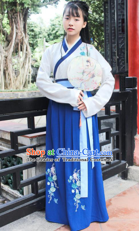 Traditional Chinese Ancient Han Dynasty Young Lady Hanfu Costume Embroidered White Blouse and Blue Skirt for Women