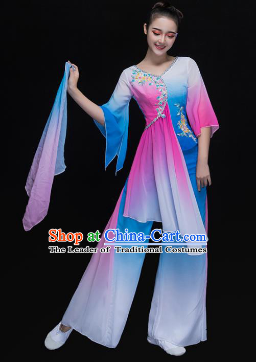 Traditional Chinese Classical Yangge Dance Costume, China Yangko Dance Fan Dance Blue Clothing for Women