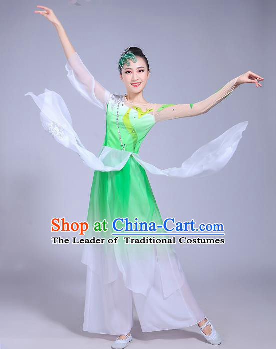 Traditional Chinese Classical Umbrella Dance Embroidered Costume, China Yangko Folk Dance Green Clothing for Women