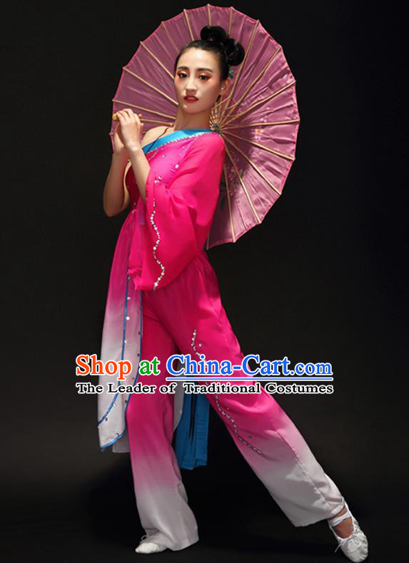 Traditional Chinese Classical Dance Umbrella Dance Costume, China Folk Dance Yangko Rosy Clothing for Women