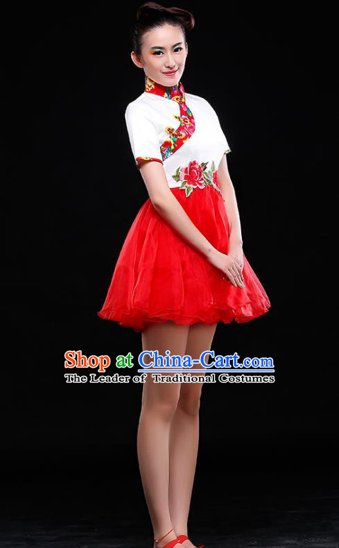 Traditional Chinese Classical Dance Costume, China Yangko Folk Dance Red Short Dress Clothing for Women