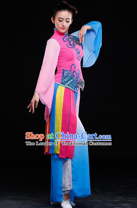 Traditional Chinese Classical Yangge Dance Costume, China Yangko Folk Dance Pink Clothing for Women