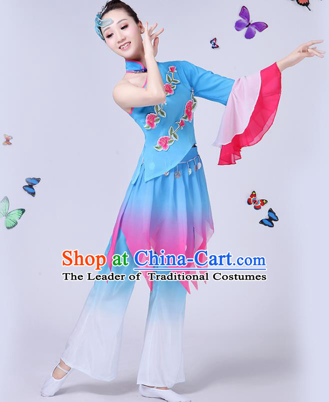 Traditional Chinese Classical Umbrella Dance Embroidered Blue Costume, China Yangko Folk Fan Dance Clothing for Women