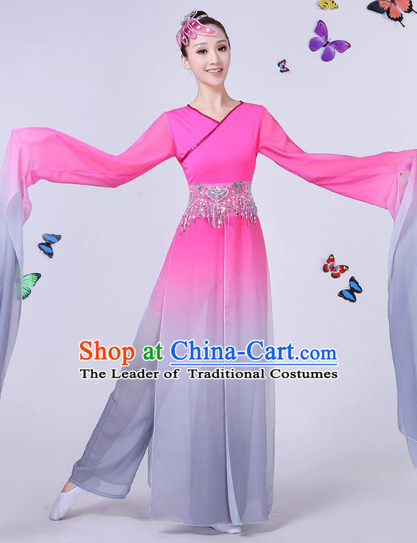 Traditional Chinese Classical Umbrella Dance Water Sleeve Pink Costume, China Yangko Folk Fan Dance Clothing for Women