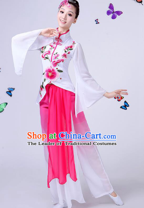 Traditional Chinese Classical Umbrella Dance Embroidered Peony White Costume, China Yangko Folk Fan Dance Clothing for Women