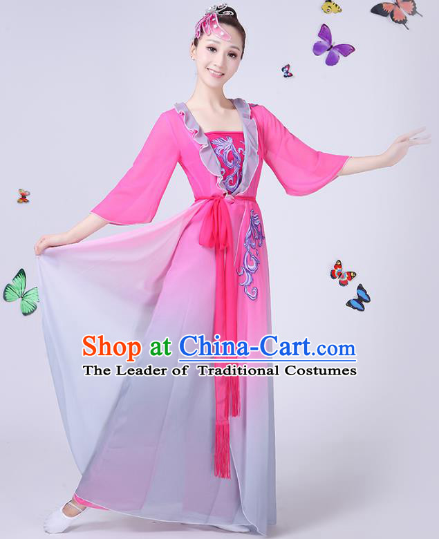 Traditional Chinese Classical Fan Dance Embroidered Peony Pink Costume, China Yangko Folk Umbrella Dance Clothing for Women