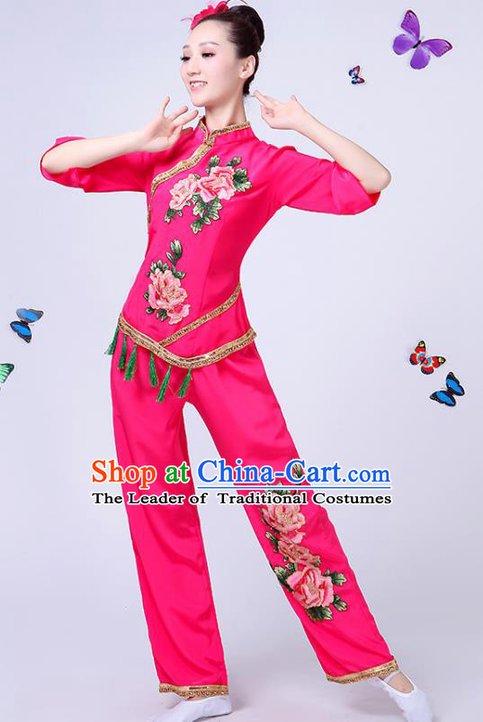 Traditional Chinese Classical Fan Dance Costume, China Yangko Folk Fan Dance Rosy Clothing for Women