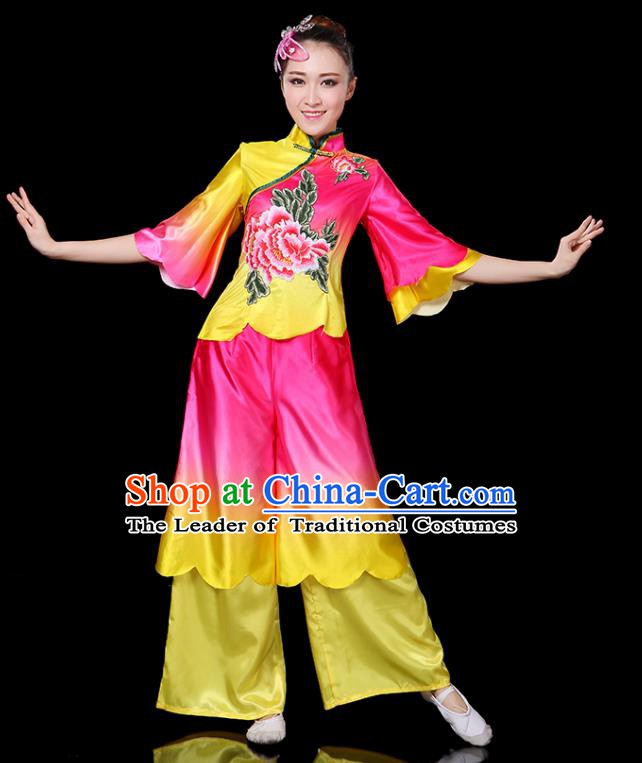 Traditional Chinese Yangge Fan Classical Dance Printing Peony Uniform, China Folk Yangko Drum Dance Clothing for Women