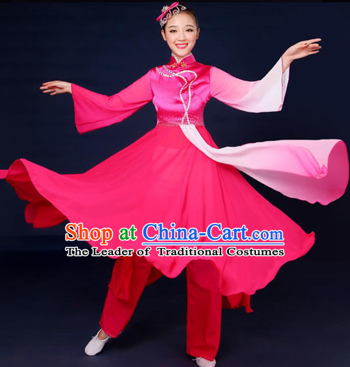 Traditional Chinese Yangge Fan Dance Embroidered Pink Dress, China Classical Folk Yangko Umbrella Dance Clothing for Women