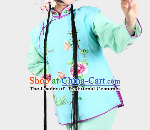 Chinese Beijing Opera Servant Girl Costume Embroidered Light Blue Vest, China Peking Opera Actress Embroidery Waistcoat Clothing