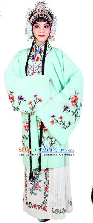 Chinese Beijing Opera Actress Embroidered Peony Costume, Traditional China Peking Opera Diva Embroidery Light Green Clothing