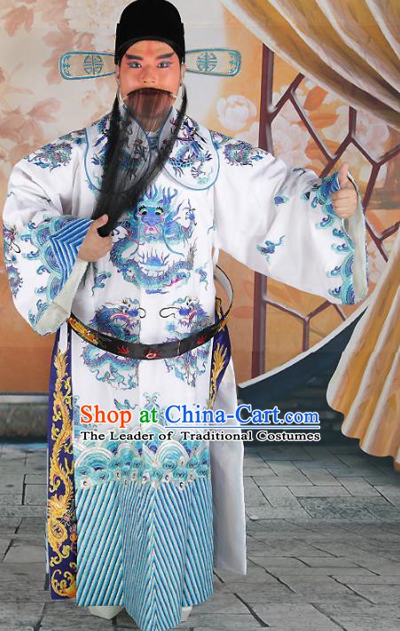 Chinese Beijing Opera Bao Zheng Costume White Embroidered Robe, China Peking Opera Prime Minister Embroidery Gwanbok Clothing