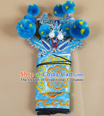 Asian Chinese Beijing Opera Takefu Blue Hats, Traditional China Peking Opera Martial Role Warrior Headwear