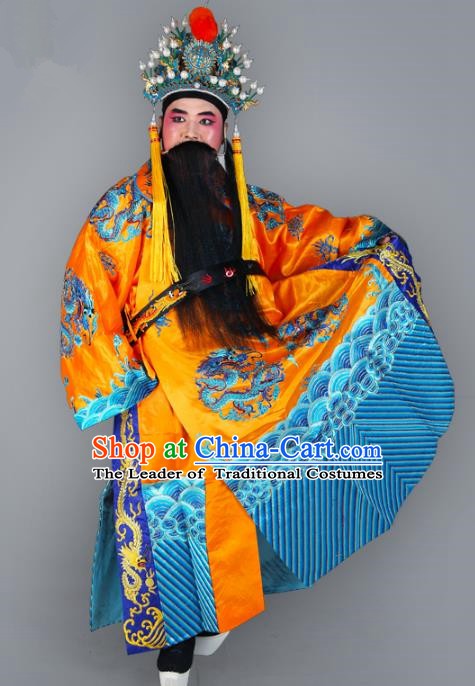 Chinese Beijing Opera Royal Highness Costume Dragons Embroidered Robe, China Peking Opera Prime Minister Yellow Gwanbok Clothing