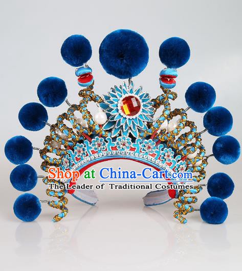 Asian Chinese Beijing Opera Swordplay Blue Hat, Traditional China Peking Opera Blues Warriors Hats Headwear