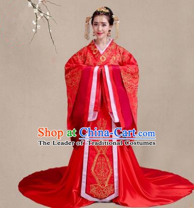 Traditional Chinese Han Dynasty Princess Wedding Red Costume, China Ancient Palace Bride Hanfu Embroidered Clothing for Women