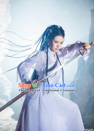 Ancient Chinese Swordsman Elegant Costumes White Hanfu Fairy Clothing for Women