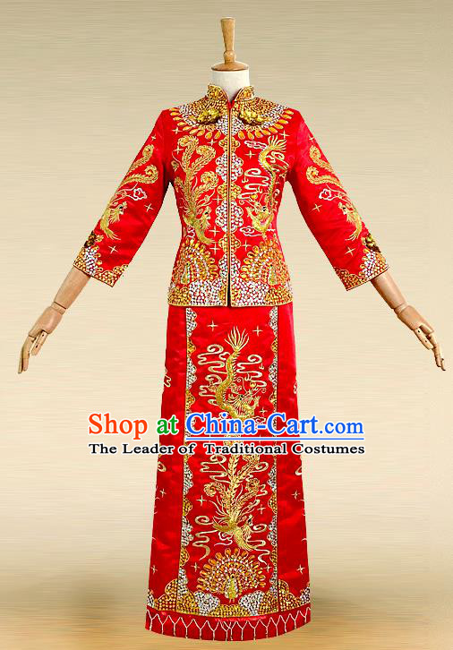 Traditional Ancient Chinese Costume Hot Fix Rhinestone Xiuhe Suits, Chinese Style Wedding Bride Full Dress, Restoring Ancient Women Red Embroidered Dragon and Phoenix Slim Flown, Bride Toast Cheongsam for Women