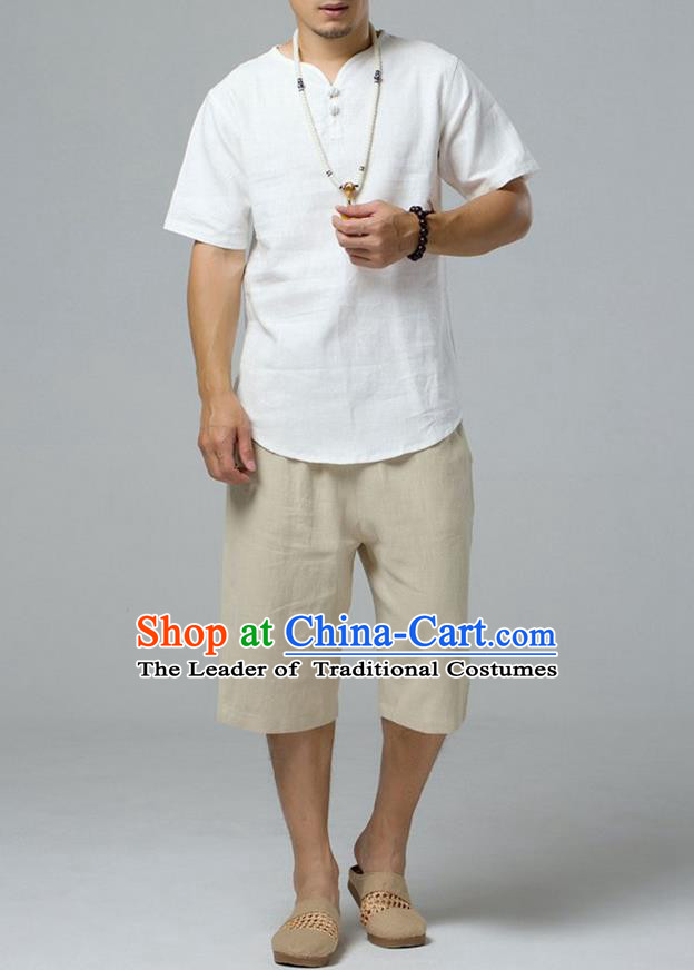 Traditional Top Chinese National Tang Suits Linen Frock Costume, Martial Arts Kung Fu Short Sleeve White T-Shirt, Kung fu Plate Buttons Upper Outer Garment, Chinese Taichi Shirts Wushu Clothing for Men