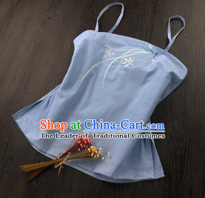 Traditional Ancient Chinese Costume Sun-Top, Elegant Hanfu Boob Tube Top Clothing Chinese Han Dynasty Embroidery Chlorophytum comosum Skyblue Condole Belt for Women