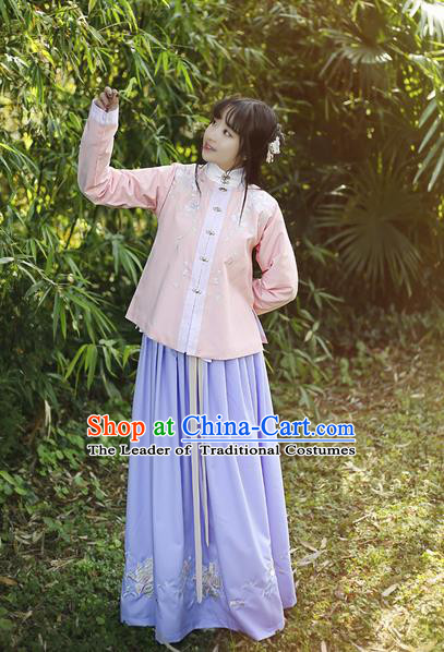 Traditional Ancient Chinese Female Costume Dress and Blouse Complete Set, Elegant Hanfu Clothing Chinese Ming Dynasty Palace Lady Embroidered Paeonia Lactiflora Clothing for Women