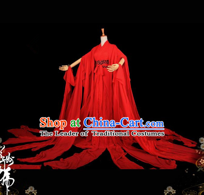 Traditional Asian Chinese Princess Costume, Elegant Hanfu Water Sleeve Dance Dress, Chinese Imperial Princess Tailing Embroidered Red Clothing, Chinese Cosplay Fairy Princess Empress Queen Cosplay Costumes for Women