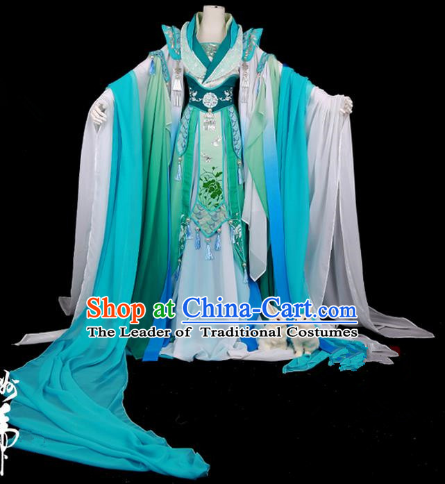 Traditional Ancient Chinese Swordsman Costume, Elegant Hanfu Cosplay Fairy Deep Blue Wide Sleeve Dress Chinese Han Dynasty Imperial Empress Scales Embroidery Tailing Clothing for Women