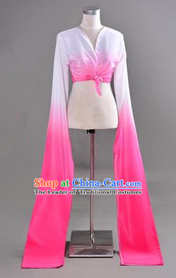 Traditional Chinese Long Sleeve Water Sleeve Dance Suit China Folk Dance Koshibo Long White and Pink Gradient Ribbon for Women