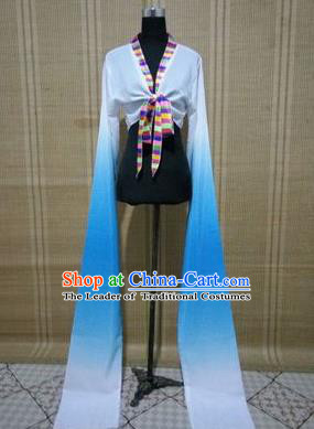 Traditional Chinese Long Sleeve Tibetan Nationality Water Sleeve Dance Suit China Folk Dance Koshibo Long White and Blue Gradient Ribbon for Women