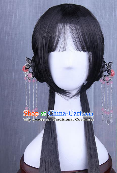 Traditional Handmade Ancient Chinese Han Dynasty Princess Hair Decoration and Wig Complete Set, Ancient Chinese Palace Lady Headwear and Wig for Women