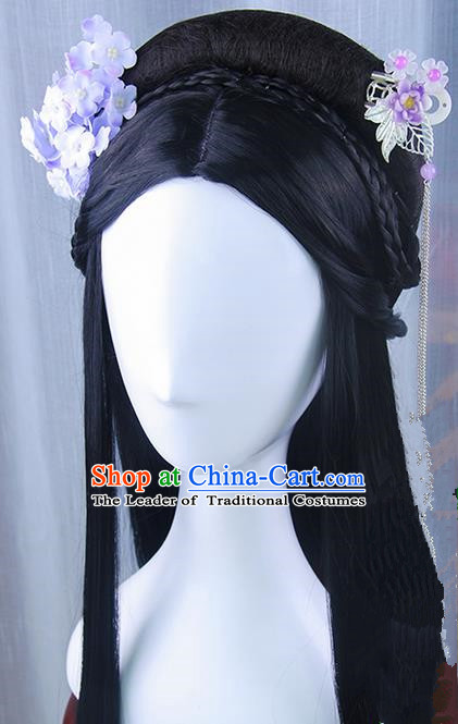 Traditional Handmade Ancient Chinese Han Dynasty Imperial Princess Hair Decoration and Wig Complete Set, Ancient Chinese Palace Lady Headwear and Wig for Women