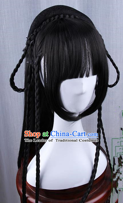 Traditional Handmade Ancient Chinese Han Dynasty Imperial Princess Wig, Ancient Chinese Hanfu Cosplay Fairy Young Lady Wig for Women