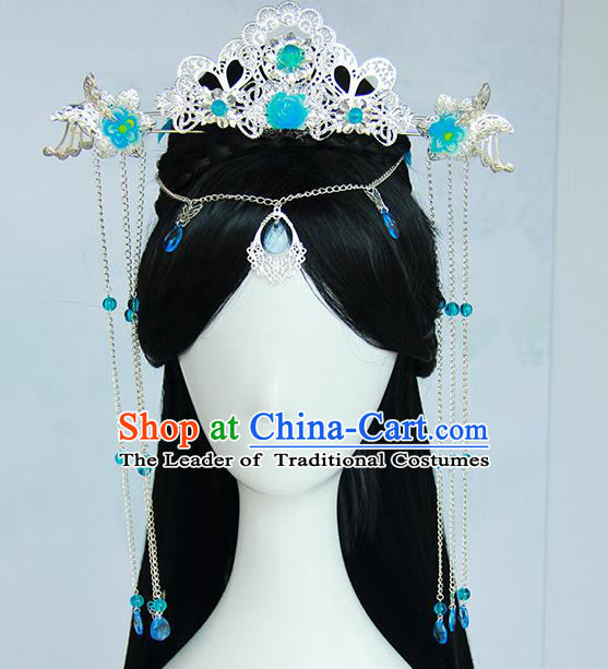 Traditional Handmade Ancient Chinese Han Dynasty Imperial Princess Blue Hair Decoration and Wig Complete Set, Ancient Chinese Hanfu Cosplay Fairy Young Lady Headwear and Wig for Women