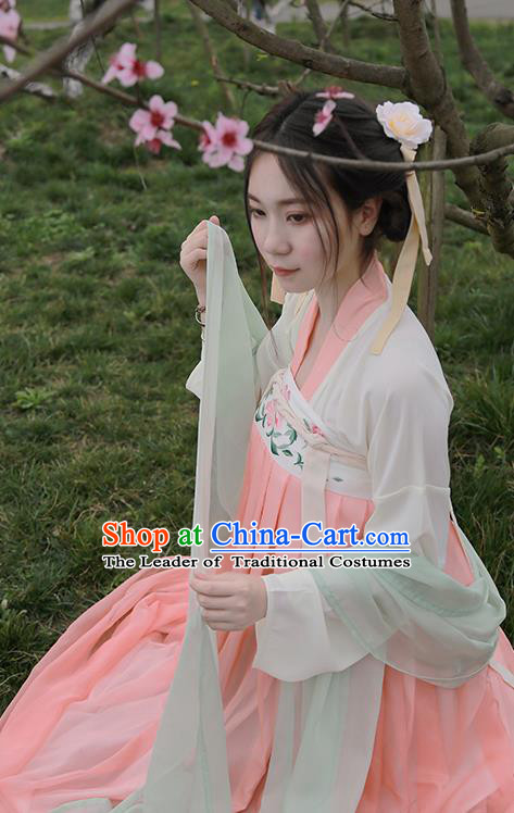 Traditional Ancient Chinese Female Costume Embroidered Two Pieces Blouse and Dress Complete Set, Elegant Hanfu Clothing Chinese Tang Dynasty Embroidered Palace Princess Dress for Women