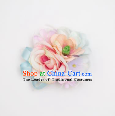 Top Grade Classical Wedding Silk Flowers, Bride Emulational Wrist Flowers Bridesmaid Bracelet Pink Blue Flowers for Women