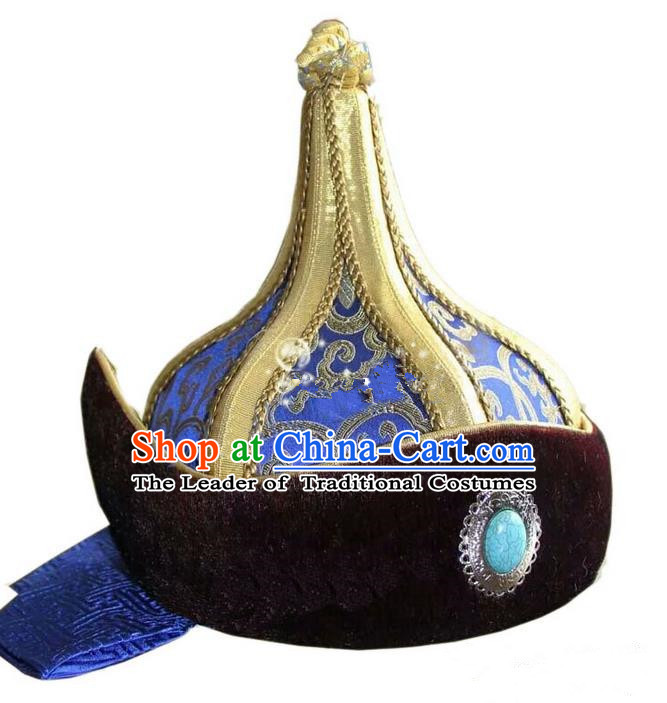 Traditional Chinese Top Grade Mongol Nationality Dancing Accessories Headdress, Mongolian Folk Dance Ethnic Headwear China Mongolian Minority Royal Highness Wedding Royalblue Hat for Men