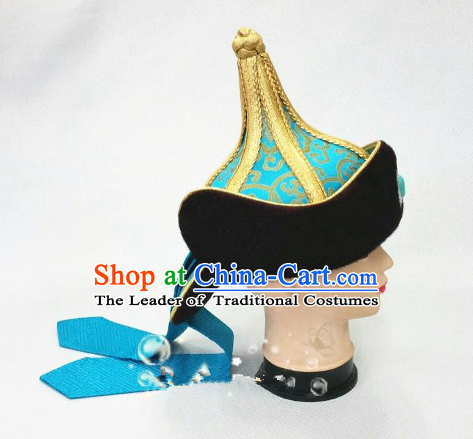 Traditional Chinese Top Grade Mongol Nationality Dancing Accessories Headdress, Mongolian Folk Dance Ethnic Headwear China Mongolian Minority Royal Highness Wedding Blue Hat for Men