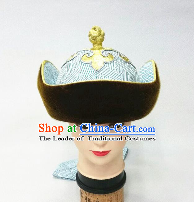 Traditional Chinese Top Grade Mongol Nationality Dancing Accessories Headdress, Mongolian Princes Folk Dance Ethnic Headwear China Mongolian Minority Royal Highness Wedding Blue Hat for Men