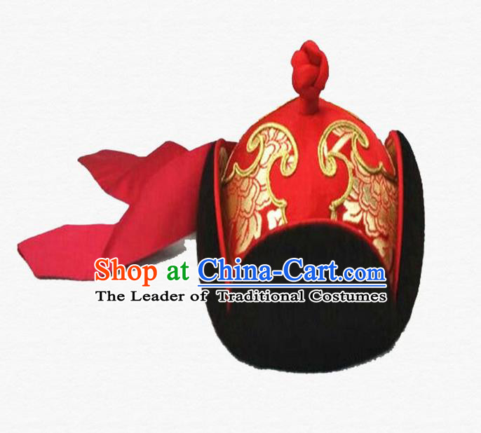 Traditional Chinese Top Grade Mongol Nationality Dancing Accessories Headdress, Mongolian Princes Folk Dance Ethnic Headwear China Mongolian Minority Royal Highness Wedding Red Hat for Men