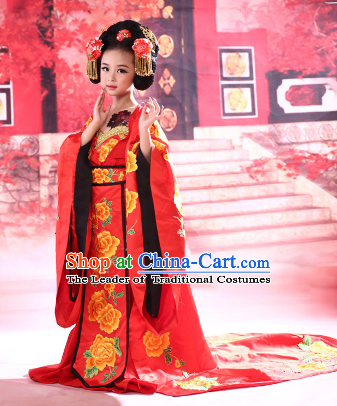 Chinese Ancient Princess Costumes and Hair Decorations Complete Set for Kids Girls Youth