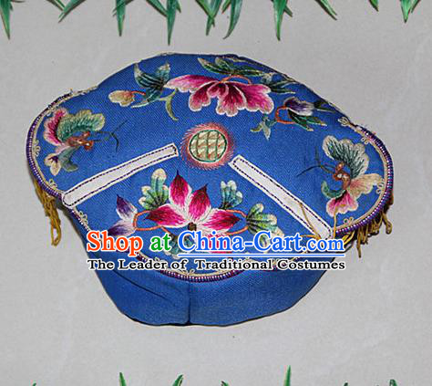 Traditional Chinese Miao Nationality Crafts Hmong Handmade Children Embroidery Lotus Blue Tiger Headwear, Miao Ethnic Minority Exorcise Evil Tiger Hat for Kids