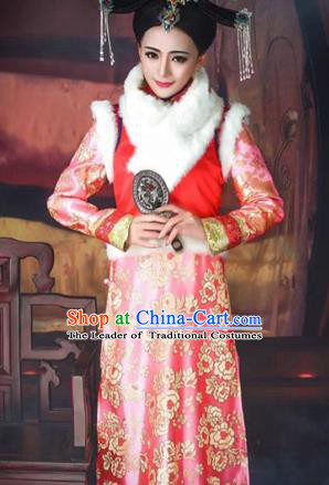 Traditional Ancient Chinese Imperial Concubine Costume, Chinese Qing Dynasty Manchu Lady Dress, Cosplay Chinese Manchu Minority Princess Embroidered Clothing for Women