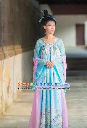 Traditional Ancient Chinese Imperial Emperess Costume, Chinese Tang Dynasty Palace Lady Dress, Cosplay Chinese Princess Blue Printing Clothing for Women