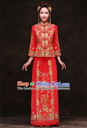 Traditional Ancient Chinese Costume Xiuhe Suits, Chinese Style Wedding Red Dress, Ancient Women Dragon And Phoenix Flown Bride Toast Cheongsam for Women