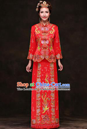 Traditional Ancient Chinese Costume Xiuhe Suits, Chinese Style Wedding Red Dress, Ancient Embroidered Dragon and Phoenix Flown Bride Toast Cheongsam for Women