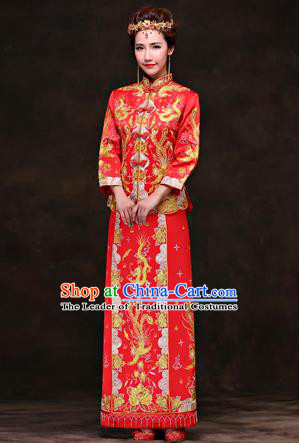 Traditional Ancient Chinese Costume Xiuhe Suits, Chinese Style Wedding Red Dress, Embroidered Dragon and Phoenix Flown Bride Toast Cheongsam for Women