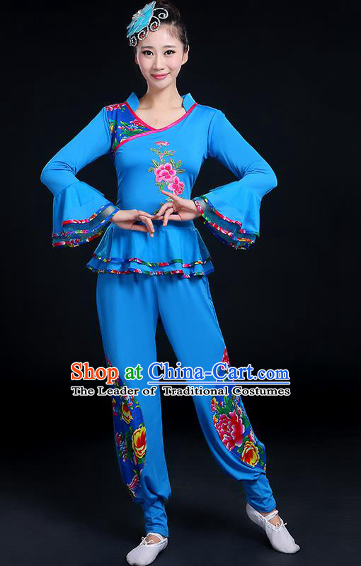 Traditional Chinese Yangge Fan Dancing Costume, Folk Dance Yangko Mandarin Sleeve Peony Painting Blouse and Pants Uniforms, Classic Dance Elegant Dress Drum Dance Red Clothing for Women