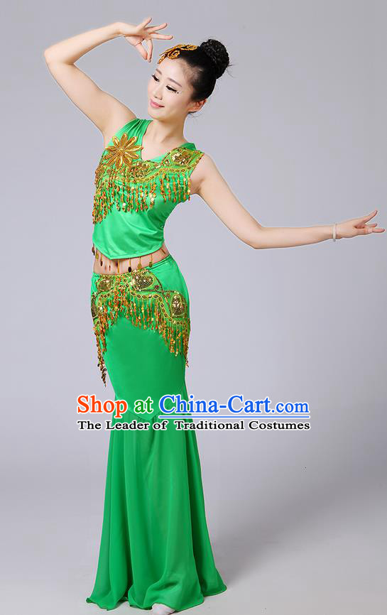 Traditional Chinese Dai Nationality Peacock Dancing Costume, Folk Dance Ethnic Paillette Tassel Fishtail Dress Princess Uniform, Chinese Minority Nationality Dancing Green Clothing for Women