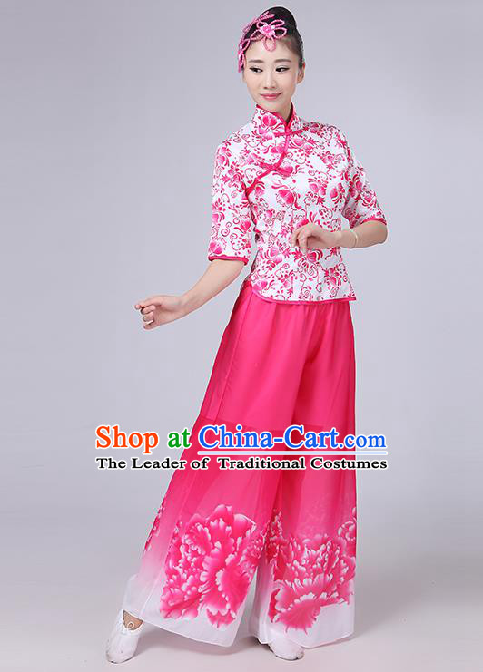 Traditional Chinese Yangge Fan Dancing Costume, Folk Dance Yangko Mandarin Collar Peony Painting Blouse and Pants Uniforms, Classic Dance Elegant Dress Drum Dance Pink Clothing for Women